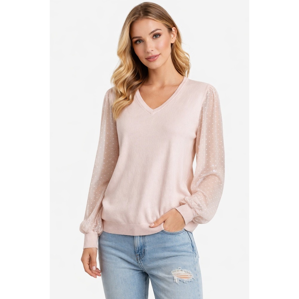 Adrianna Papell Sweater Small Pink Knit Swiss Dot‎ Sheer Puff Sleeve Balletcore